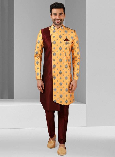 Maroon And Yellow Colour Excluisve Wear Art Silk Digital Print Kurta Pajama With Jacket Mens Collection 1446